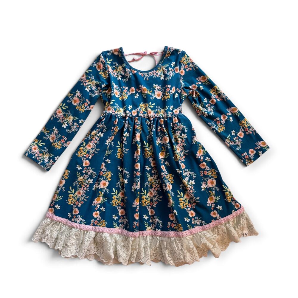 Love and Grow teal floral lace trim dress